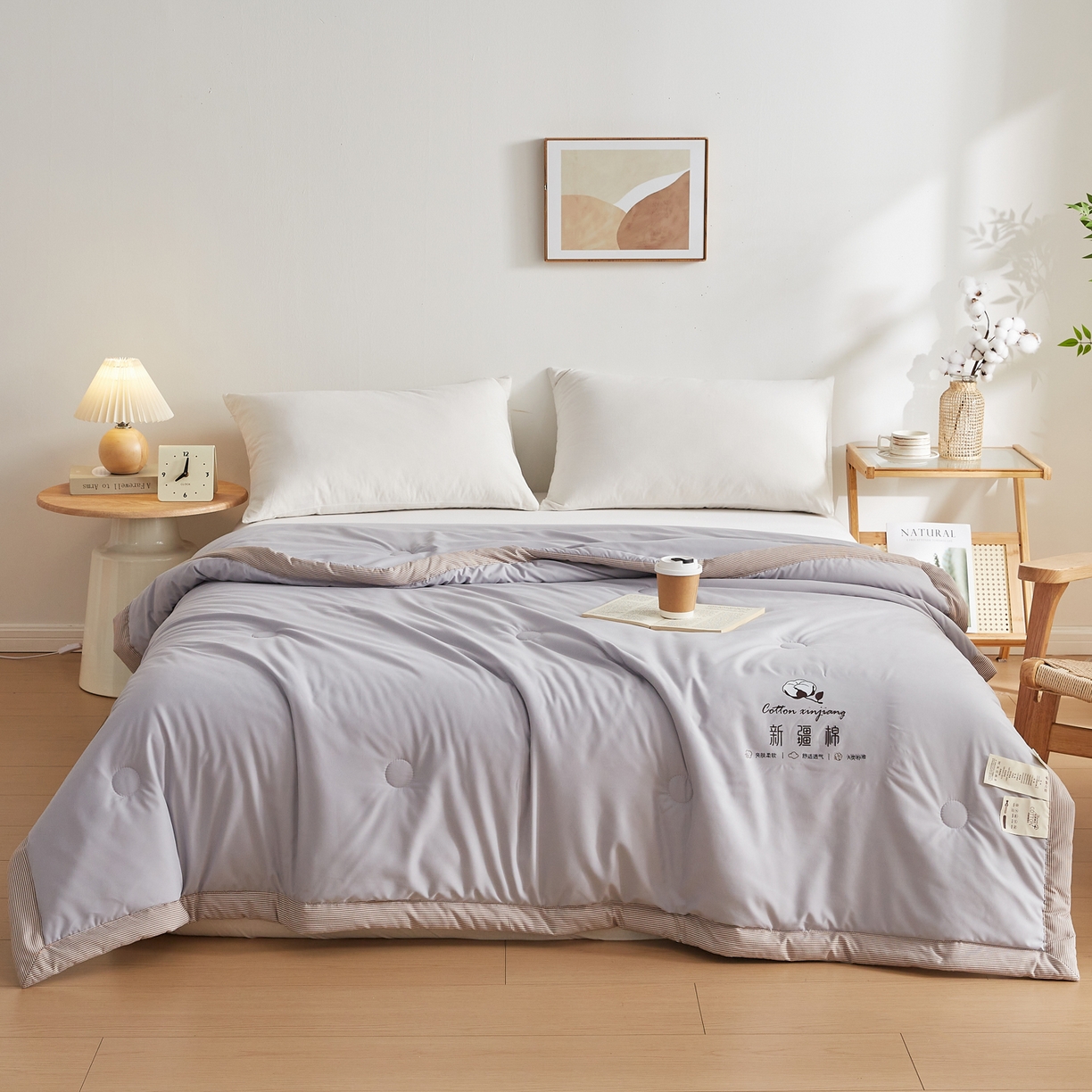 91家纺网 家纺一手货源 找家纺 帕芬鸟家纺 2026新款100%棉花夏被纯色系列 月光灰