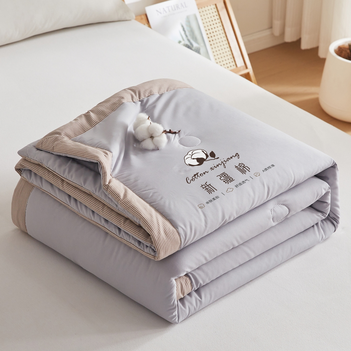 91家纺网 家纺一手货源 找家纺 帕芬鸟家纺 2026新款100%棉花夏被纯色系列 月光灰