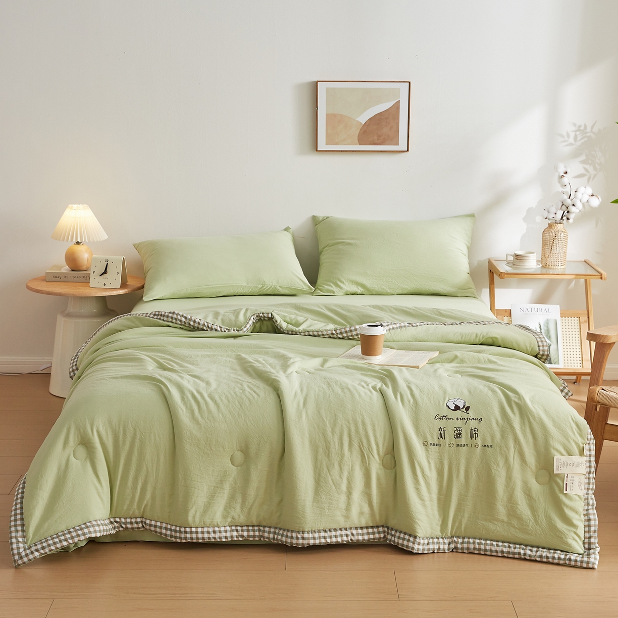 91家纺网 家纺一手货源 找家纺 帕芬鸟家纺 2026新款100%棉花夏被纯色系列 抹茶绿