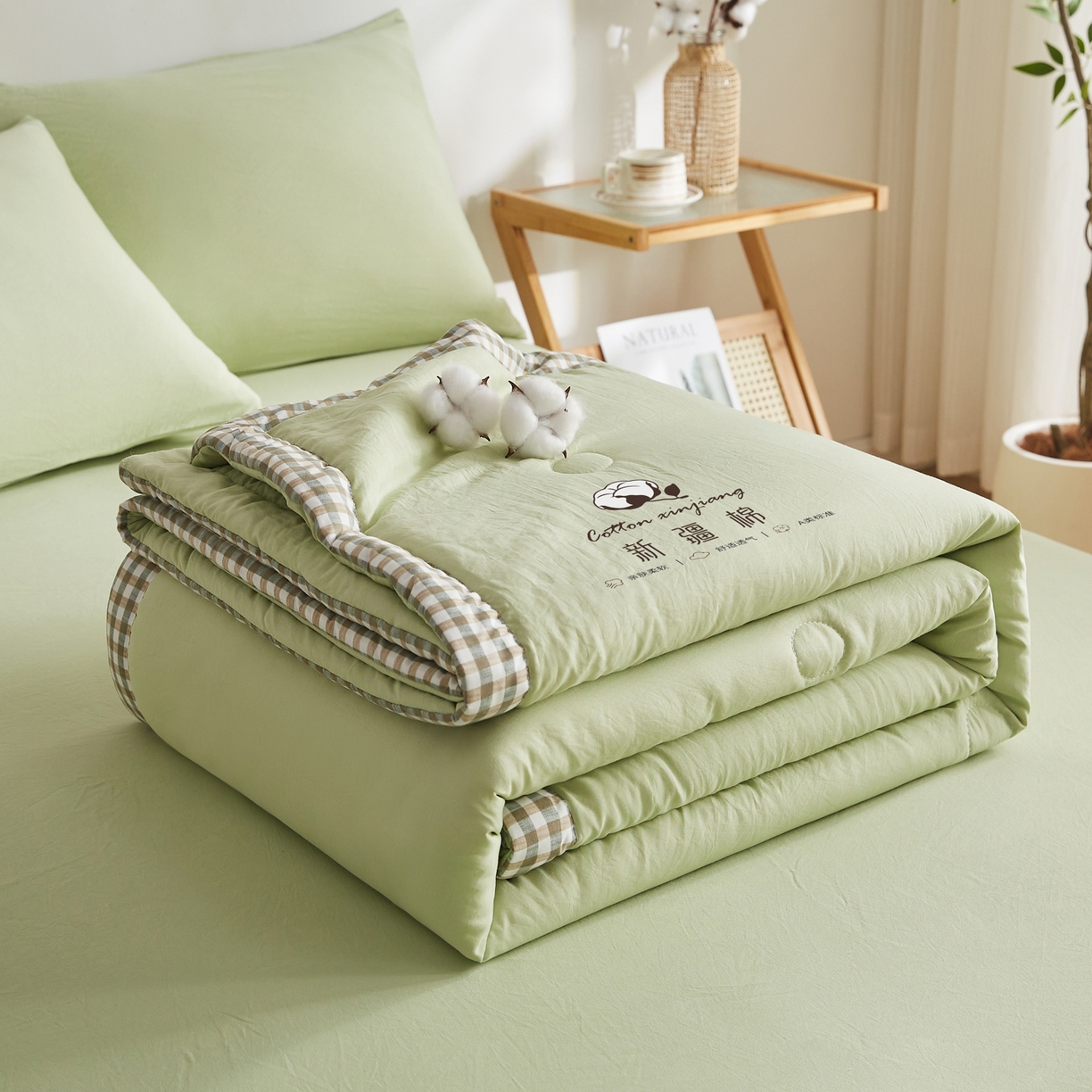 91家纺网 家纺一手货源 找家纺 帕芬鸟家纺 2026新款100%棉花夏被纯色系列 抹茶绿