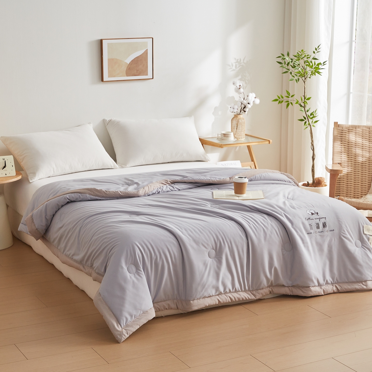 91家纺网 家纺一手货源 找家纺 帕芬鸟家纺 2026新款100%棉花夏被纯色系列 月光灰