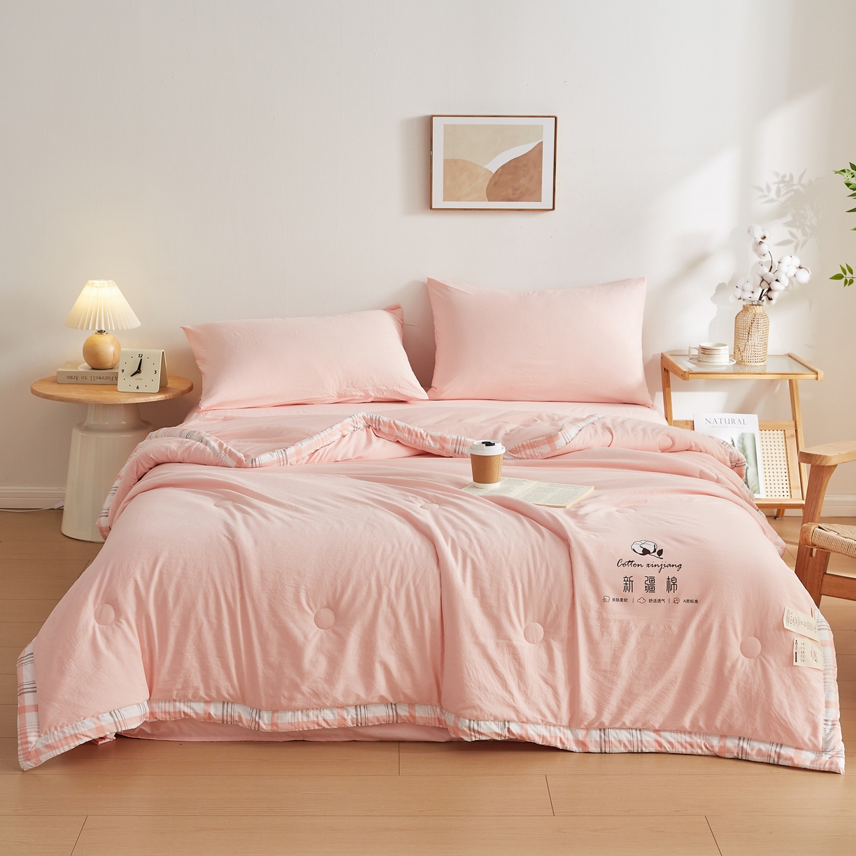 91家纺网 家纺一手货源 找家纺 帕芬鸟家纺 2026新款100%棉花夏被纯色系列 蜜桃粉