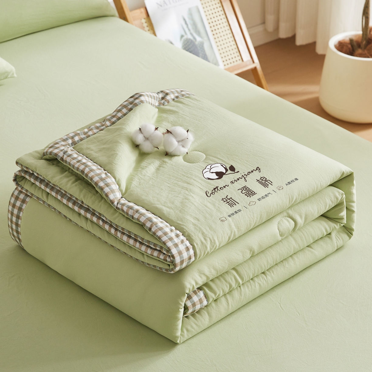 91家纺网 家纺一手货源 找家纺 帕芬鸟家纺 2026新款100%棉花夏被纯色系列 抹茶绿