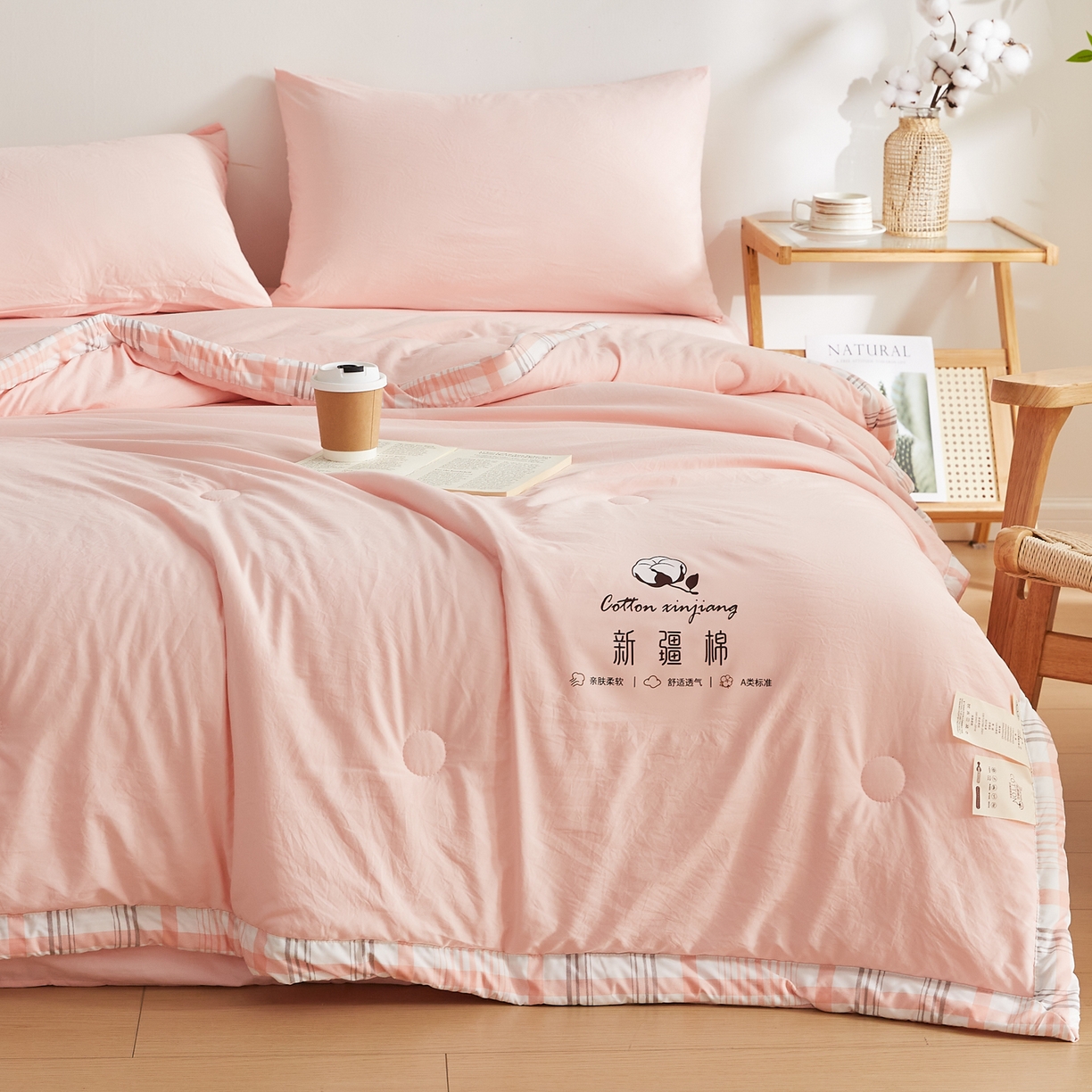 91家纺网 家纺一手货源 找家纺 帕芬鸟家纺 2026新款100%棉花夏被纯色系列 蜜桃粉