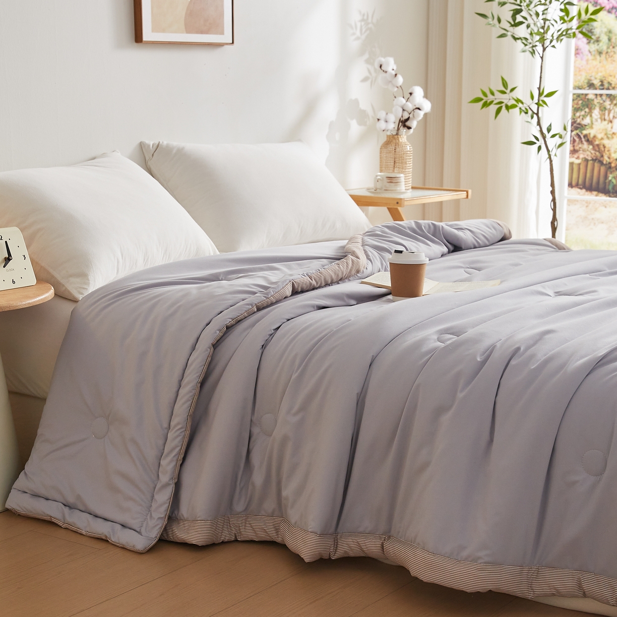 91家纺网 家纺一手货源 找家纺 帕芬鸟家纺 2026新款100%棉花夏被纯色系列 月光灰