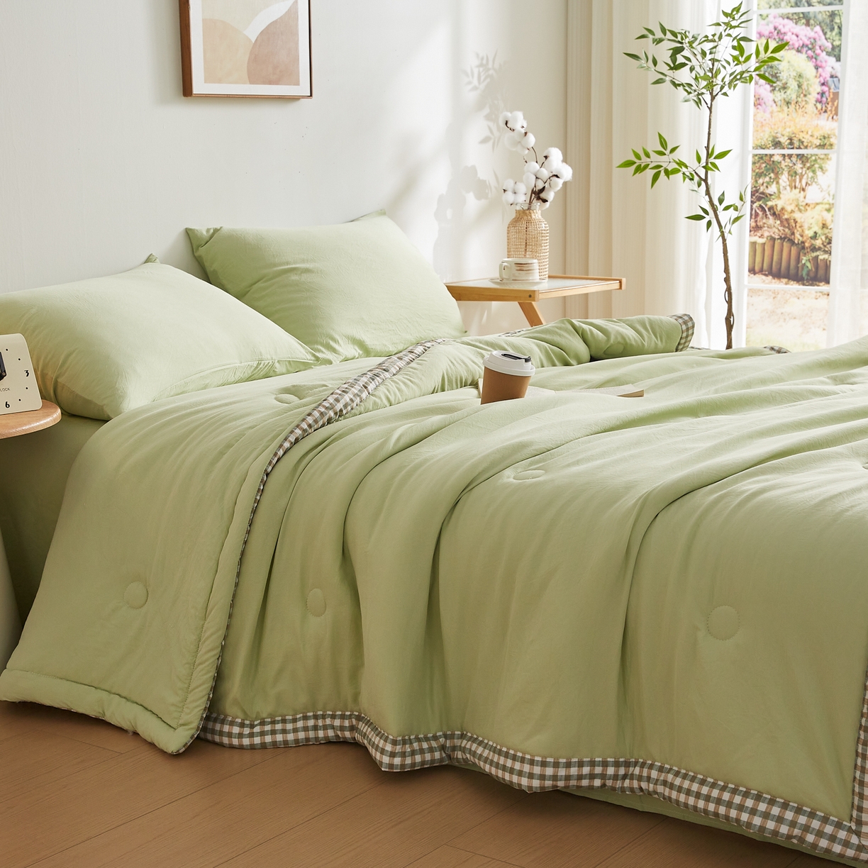 91家纺网 家纺一手货源 找家纺 帕芬鸟家纺 2026新款100%棉花夏被纯色系列 抹茶绿