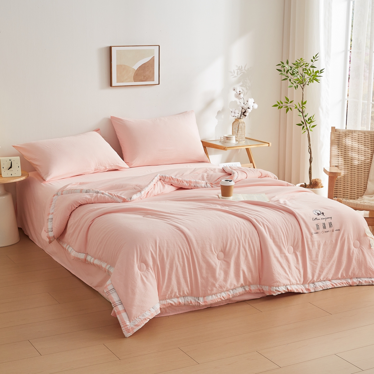 91家纺网 家纺一手货源 找家纺 帕芬鸟家纺 2026新款100%棉花夏被纯色系列 蜜桃粉