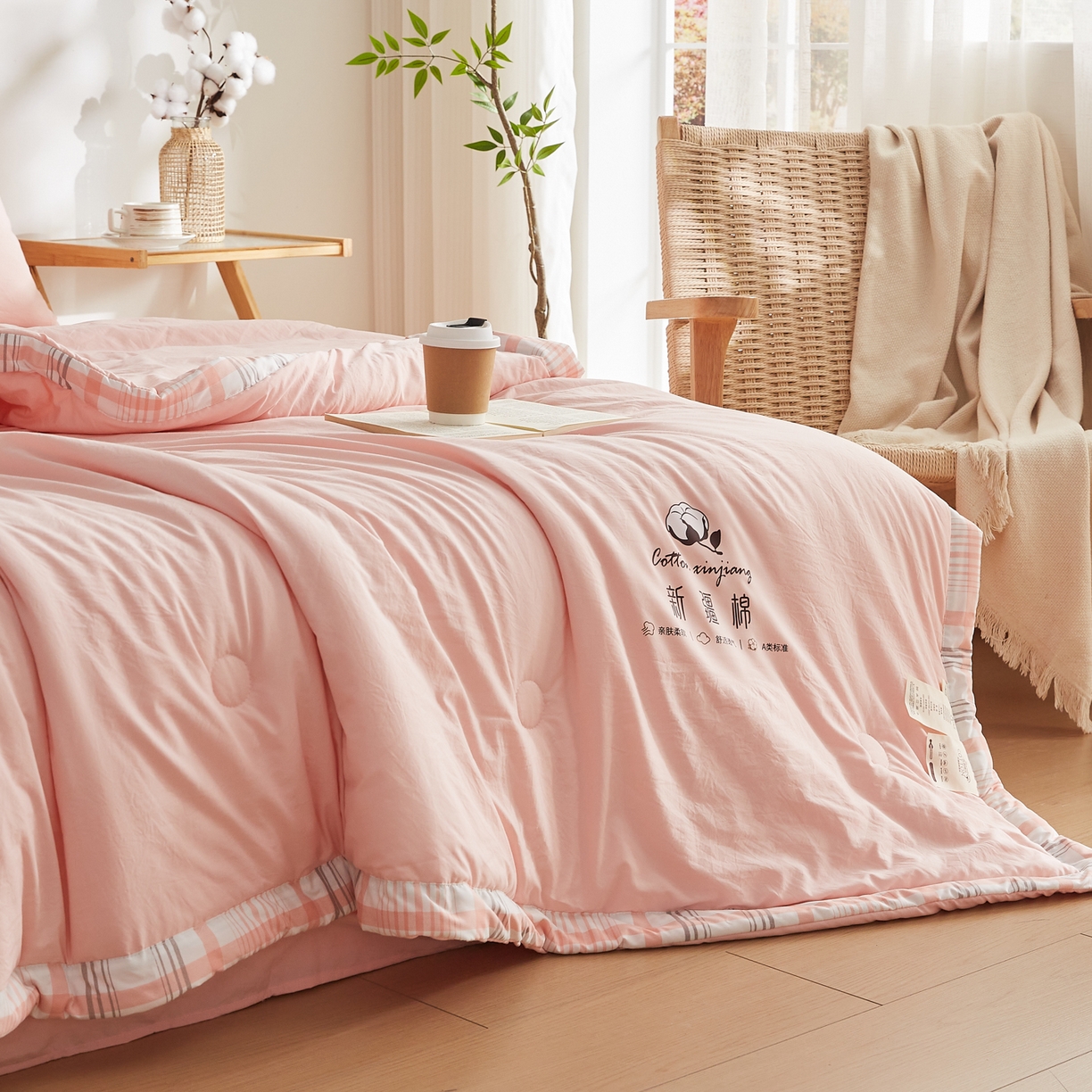 91家纺网 家纺一手货源 找家纺 帕芬鸟家纺 2026新款100%棉花夏被纯色系列 蜜桃粉