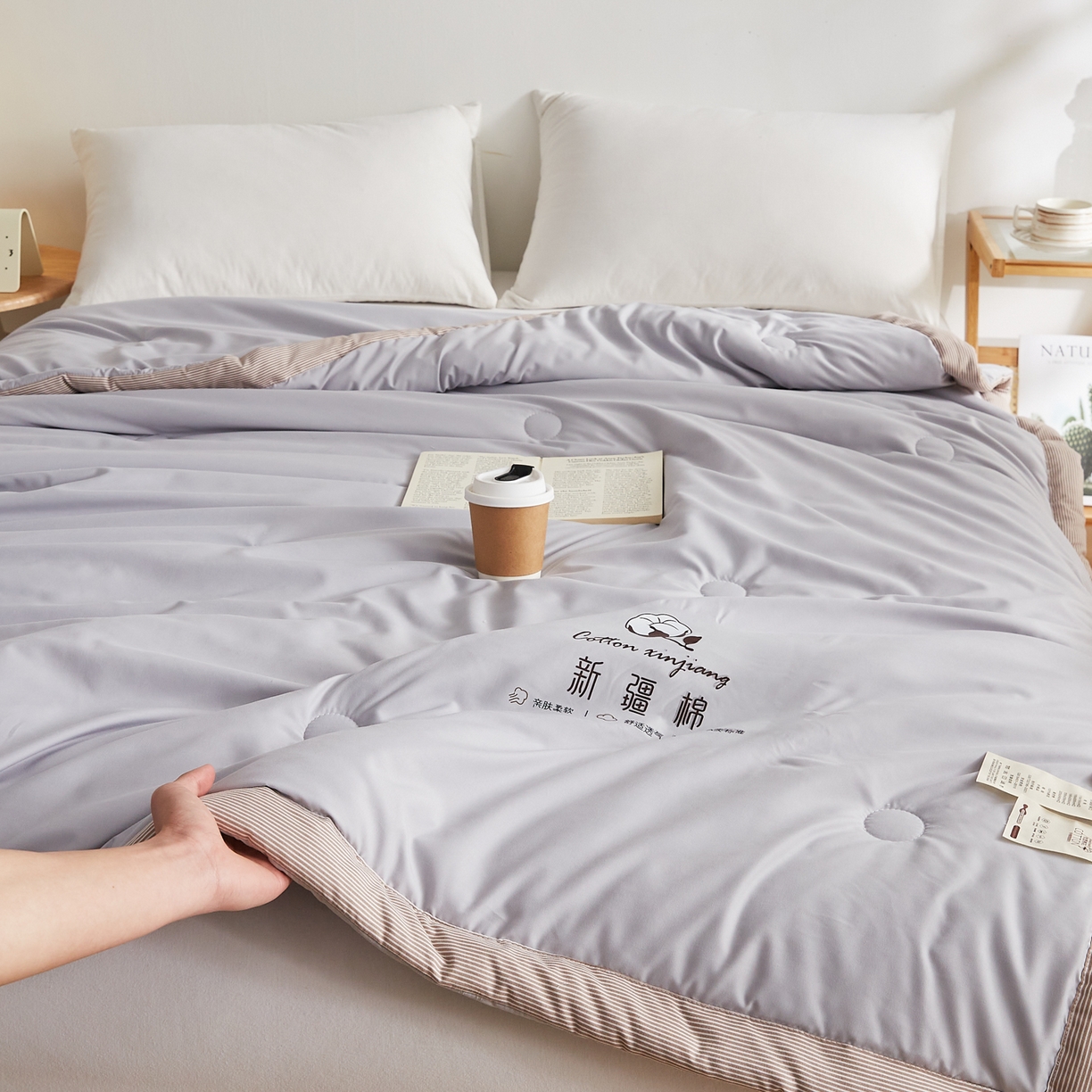 91家纺网 家纺一手货源 找家纺 帕芬鸟家纺 2026新款100%棉花夏被纯色系列 月光灰