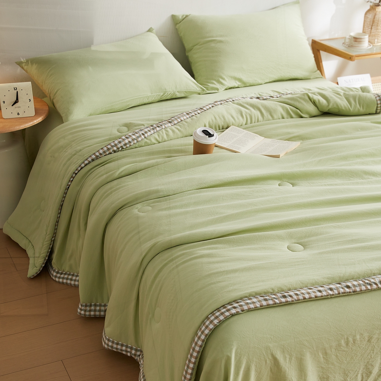 91家纺网 家纺一手货源 找家纺 帕芬鸟家纺 2026新款100%棉花夏被纯色系列 抹茶绿