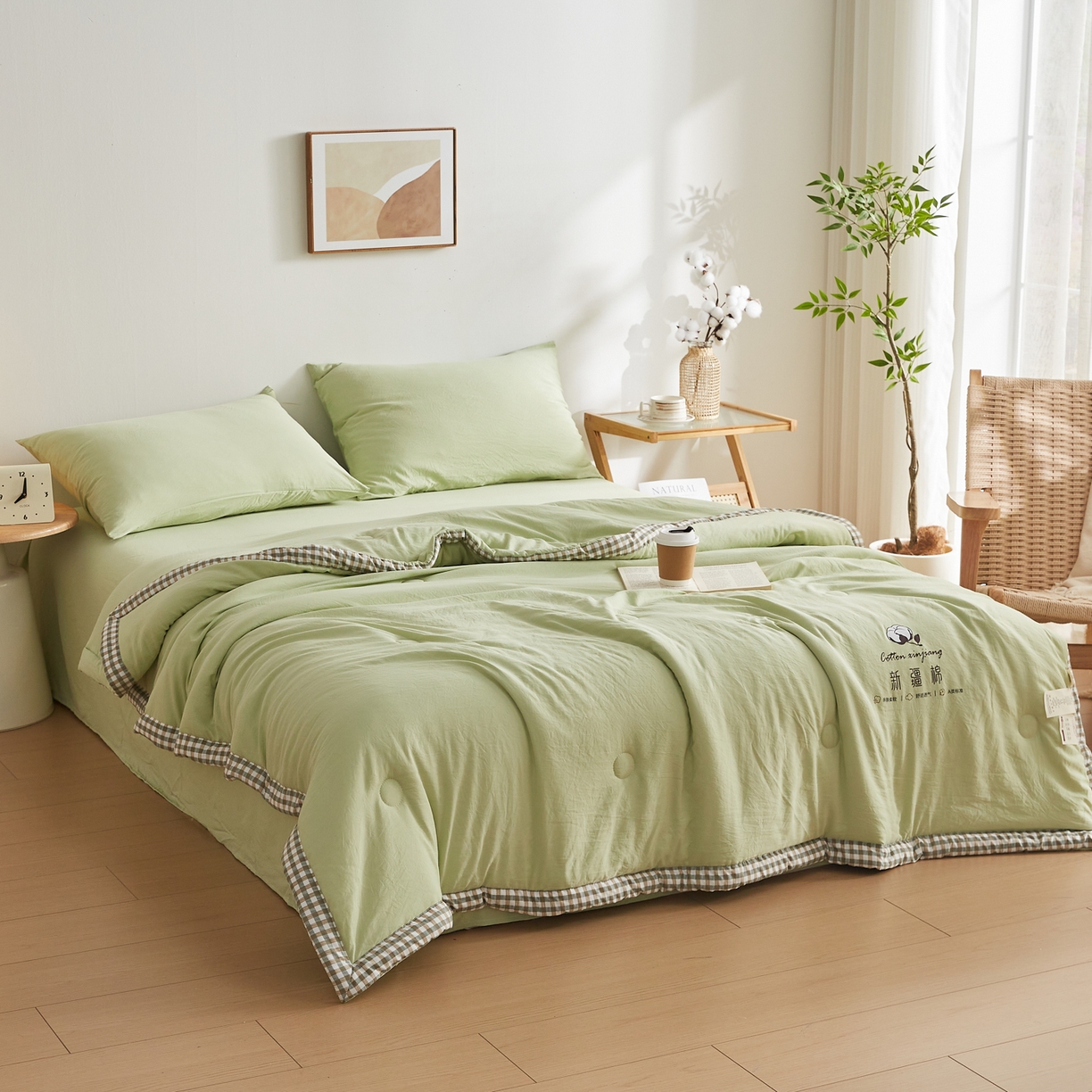 91家纺网 家纺一手货源 找家纺 帕芬鸟家纺 2026新款100%棉花夏被纯色系列 抹茶绿