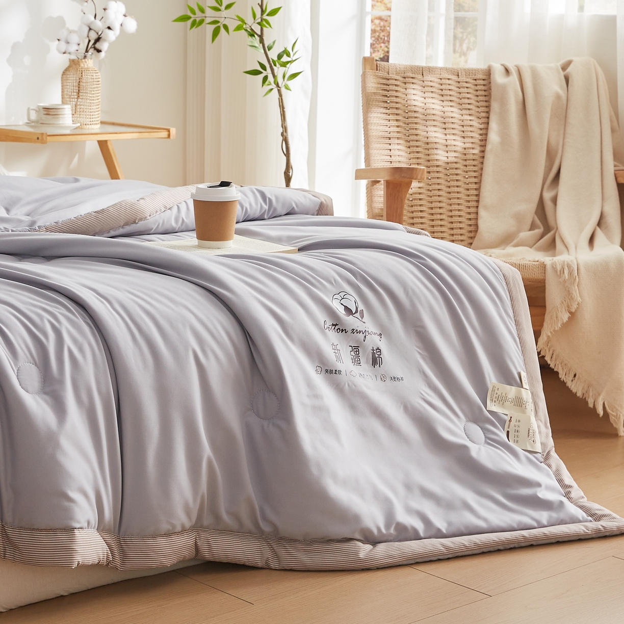 91家纺网 家纺一手货源 找家纺 帕芬鸟家纺 2026新款100%棉花夏被纯色系列 月光灰