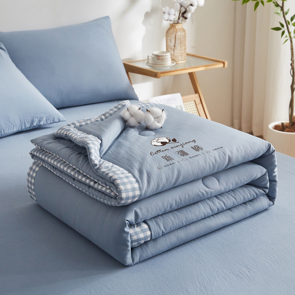 91家纺网 家纺一手货源 找家纺 帕芬鸟家纺 2026新款100%棉花夏被纯色系列 宾利蓝