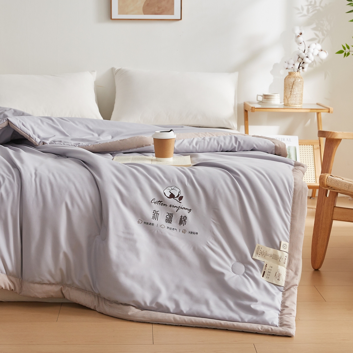 91家纺网 家纺一手货源 找家纺 帕芬鸟家纺 2026新款100%棉花夏被纯色系列 月光灰