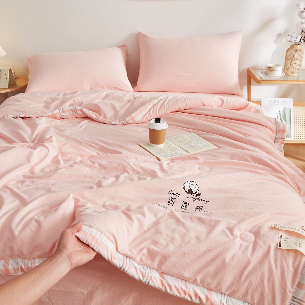 91家纺网 家纺一手货源 找家纺 帕芬鸟家纺 2026新款100%棉花夏被纯色系列 蜜桃粉