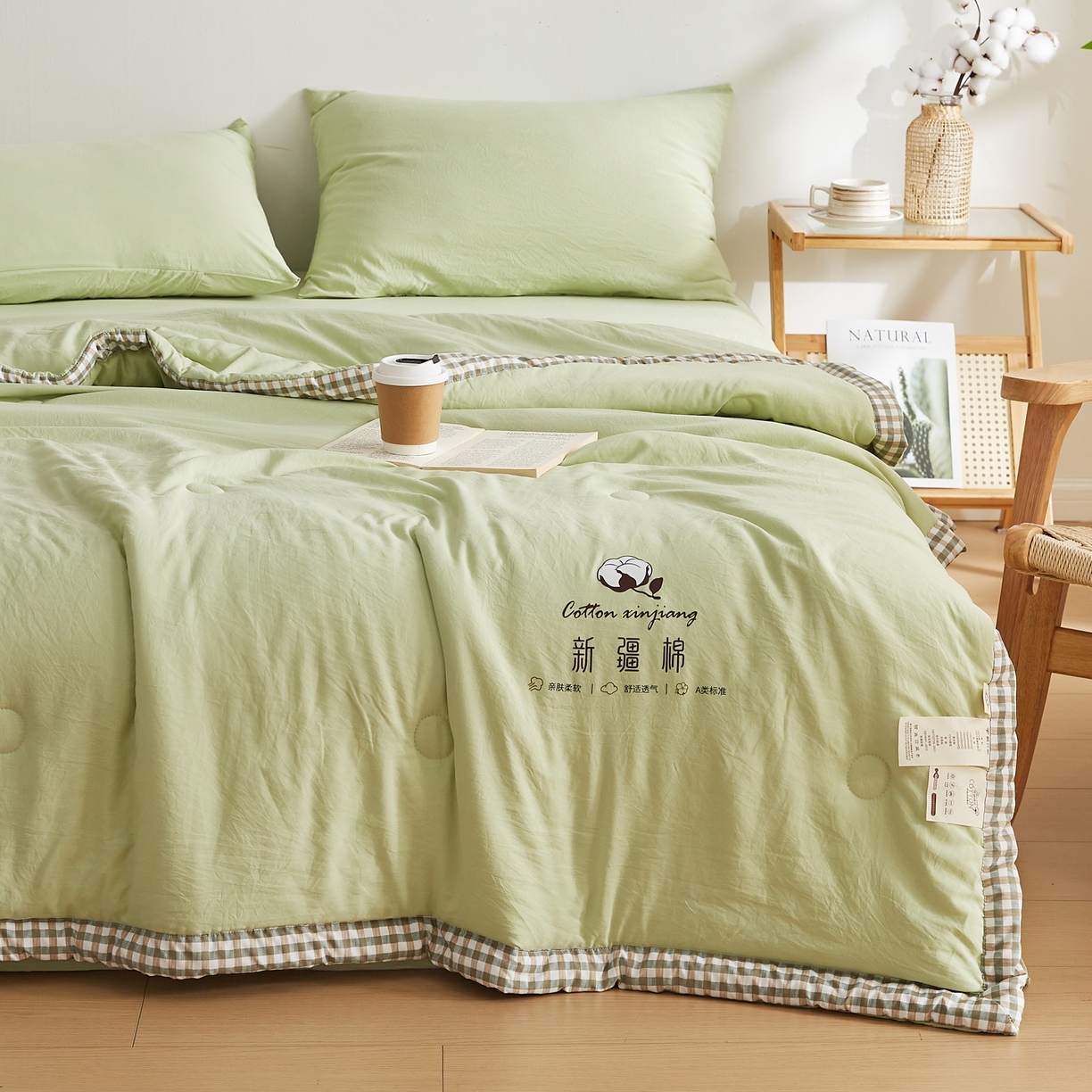 91家纺网 家纺一手货源 找家纺 帕芬鸟家纺 2026新款100%棉花夏被纯色系列 抹茶绿