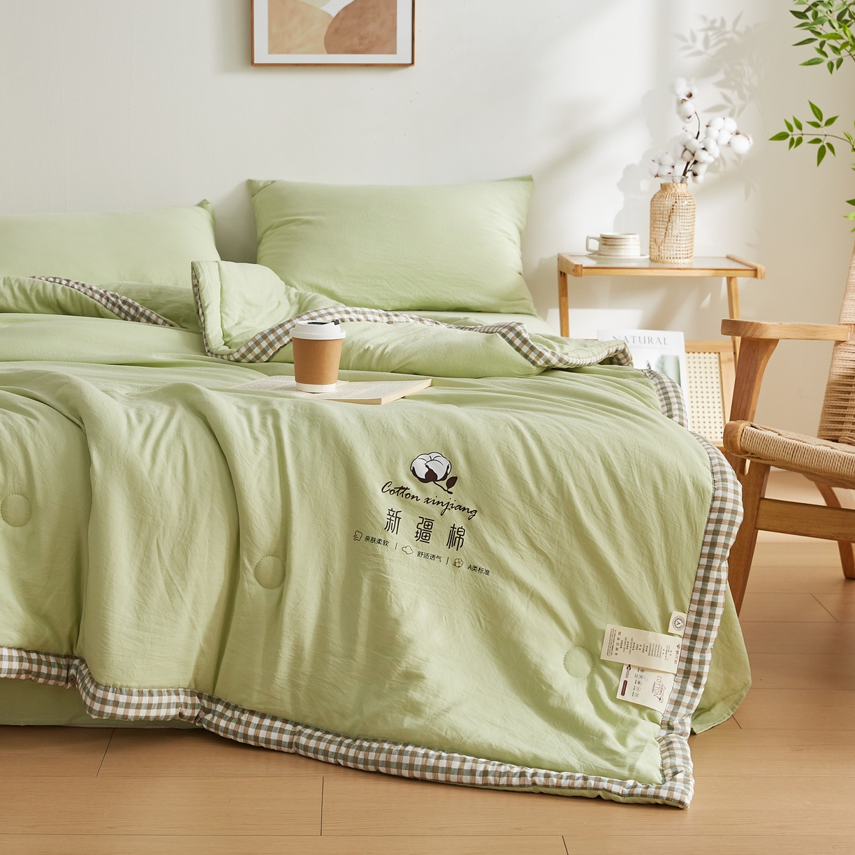 91家纺网 家纺一手货源 找家纺 帕芬鸟家纺 2026新款100%棉花夏被纯色系列 抹茶绿