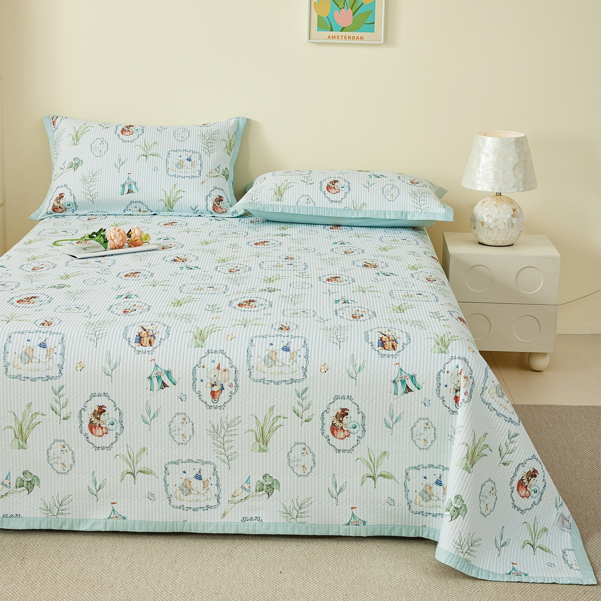 91家纺网 家纺一手货源 找家纺 元元家居（元元被业） 2026新款全棉纯棉13372系列床盖单件床盖单品单床盖-印花款 乐园绿