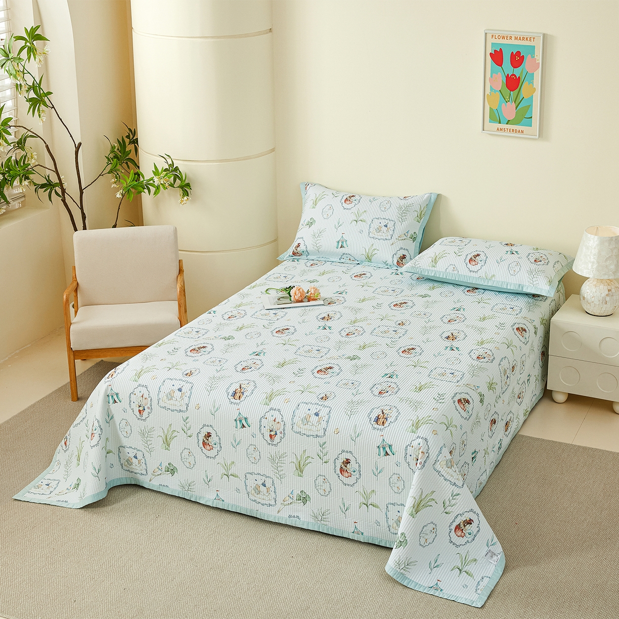 91家纺网 家纺一手货源 找家纺 元元家居（元元被业） 2026新款全棉纯棉13372系列床盖单件床盖单品单床盖-印花款 乐园绿