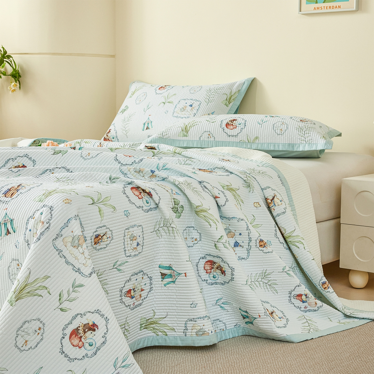 91家纺网 家纺一手货源 找家纺 元元家居（元元被业） 2026新款全棉纯棉13372系列床盖单件床盖单品单床盖-印花款 乐园绿