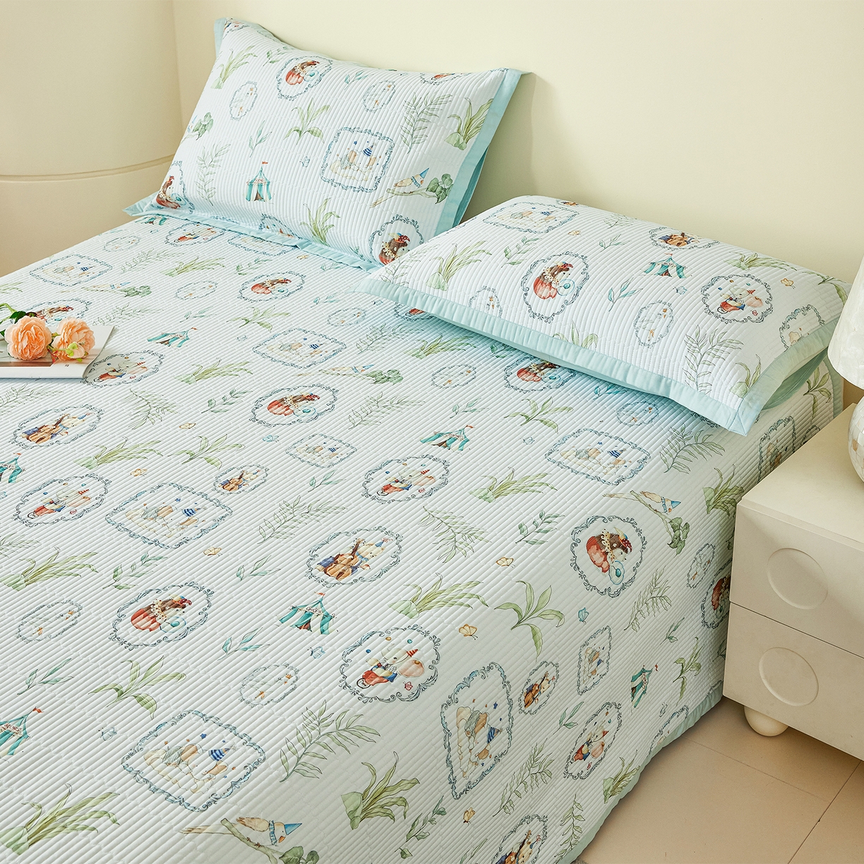 91家纺网 家纺一手货源 找家纺 元元家居（元元被业） 2026新款全棉纯棉13372系列床盖单件床盖单品单床盖-印花款 乐园绿