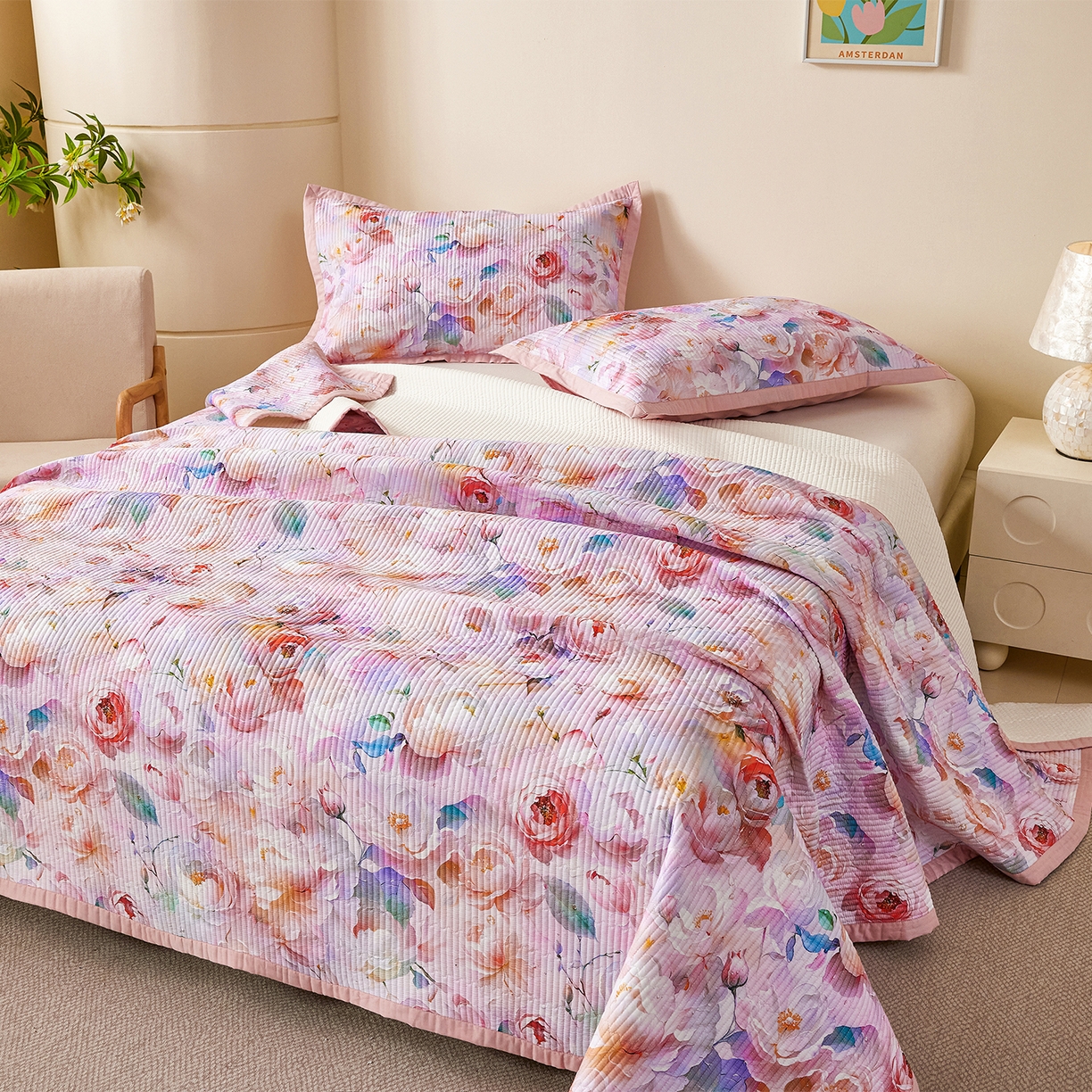 91家纺网 家纺一手货源 找家纺 元元家居（元元被业） 2026新款全棉纯棉13372系列床盖单件床盖单品单床盖-印花款 凝珠