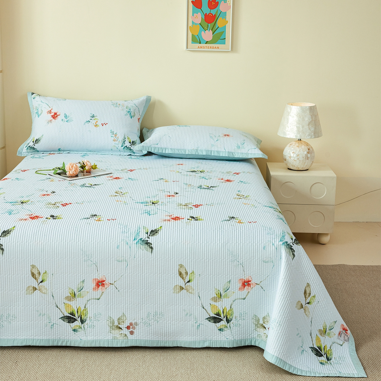 91家纺网 家纺一手货源 找家纺 元元家居（元元被业） 2026新款全棉纯棉13372系列床盖单件床盖单品单床盖-印花款 有枝