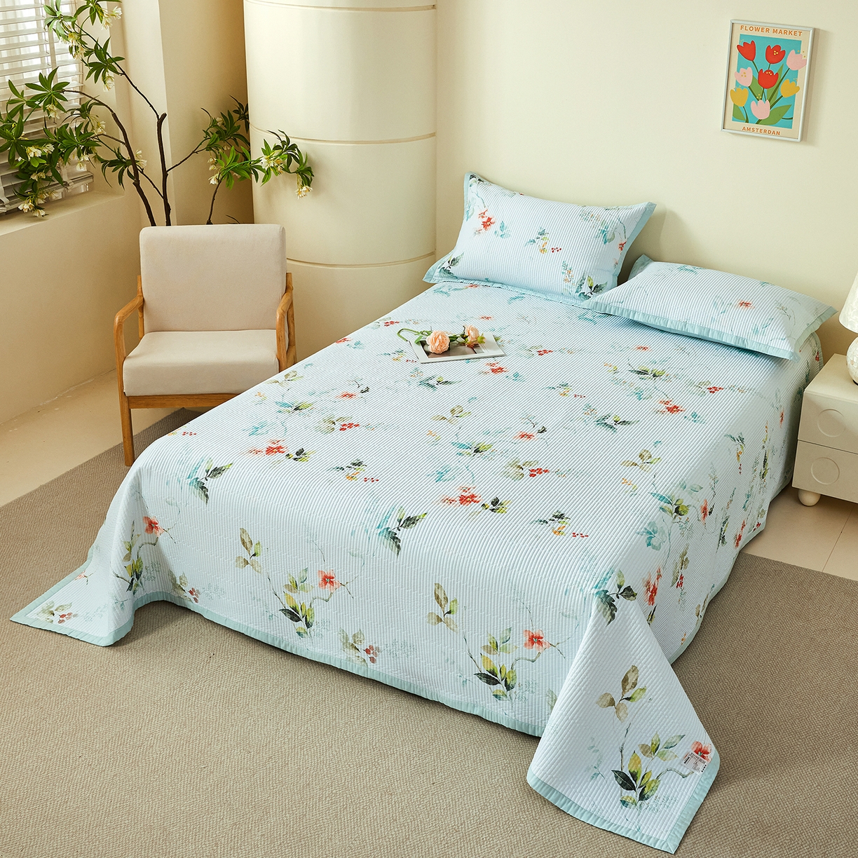 91家纺网 家纺一手货源 找家纺 元元家居（元元被业） 2026新款全棉纯棉13372系列床盖单件床盖单品单床盖-印花款 有枝