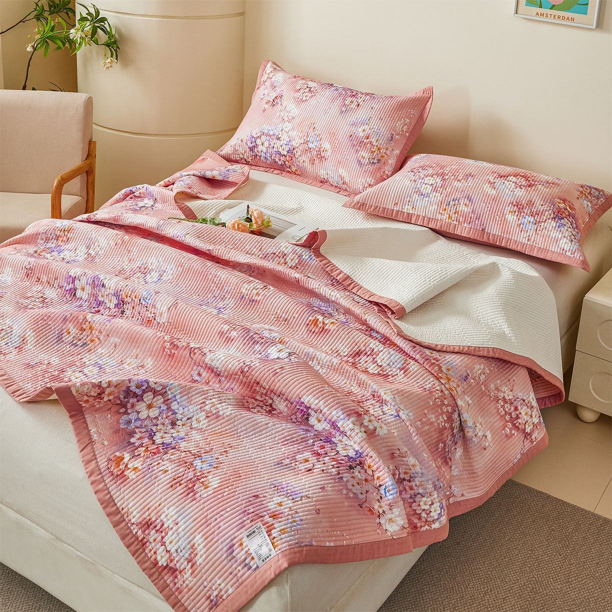 91家纺网 家纺一手货源 找家纺 元元家居（元元被业） 2026新款全棉纯棉13372系列床盖单件床盖单品单床盖-印花款 月棠