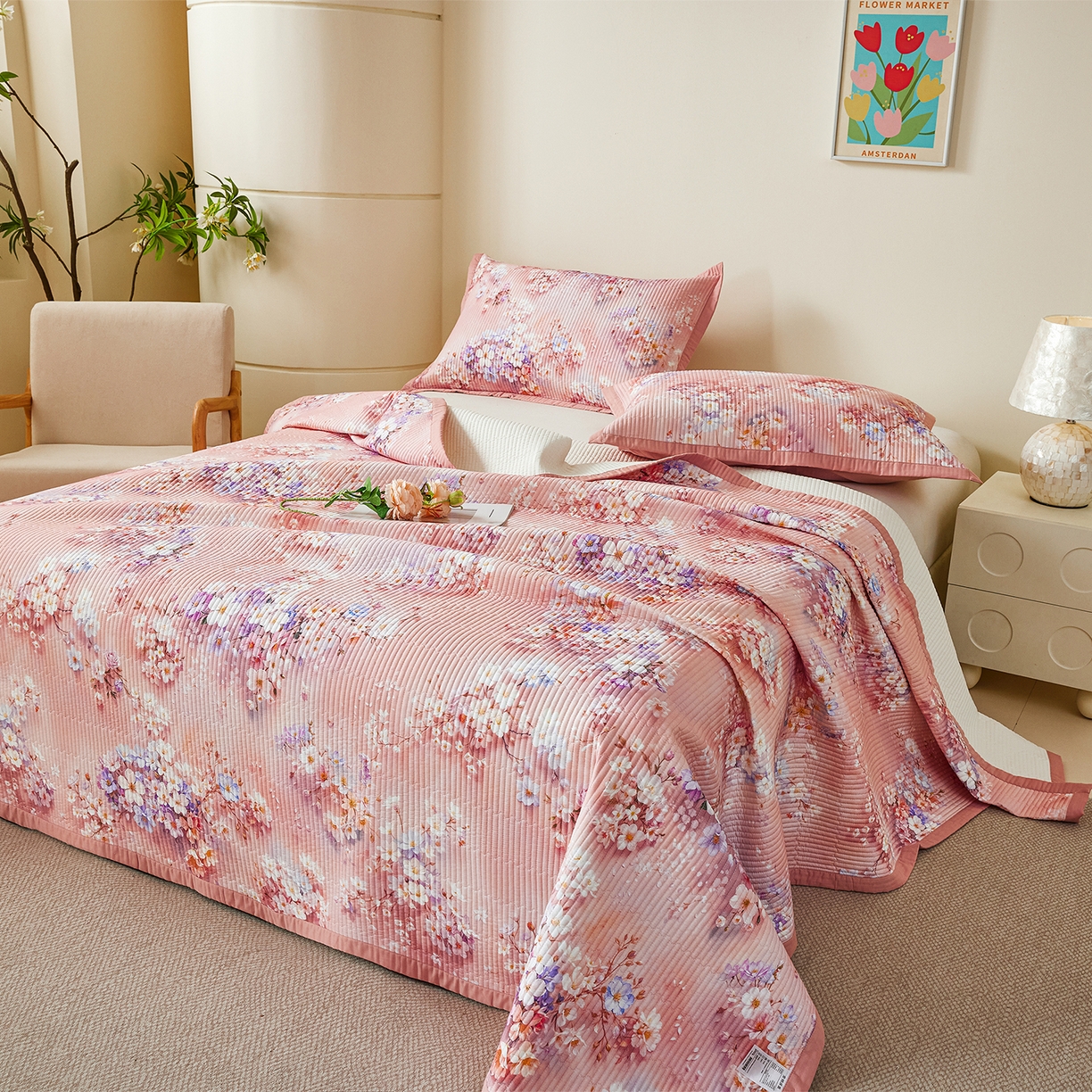 91家纺网 家纺一手货源 找家纺 元元家居（元元被业） 2026新款全棉纯棉13372系列床盖单件床盖单品单床盖-印花款 月棠