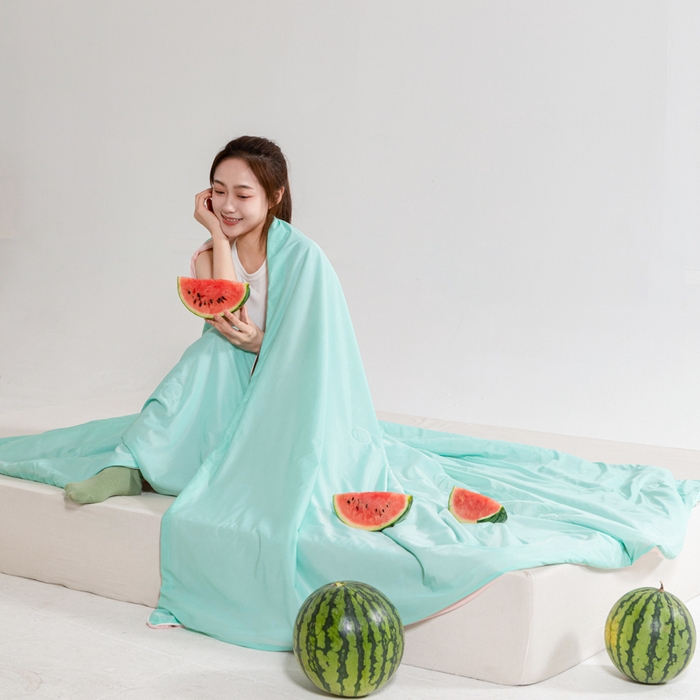 91家纺网 家纺一手货源 找家纺 帕芬鸟家纺 2026新款凉感丝夏被高支高密凉感丝夏被排湿透气凉感丝西瓜夏被 夏日蜜瓜-浅绿配粉