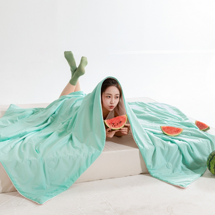 91家纺网 家纺一手货源 找家纺 帕芬鸟家纺 2026新款凉感丝夏被高支高密凉感丝夏被排湿透气凉感丝西瓜夏被 夏日蜜瓜-浅绿配粉