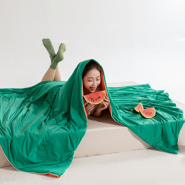91家纺网 家纺一手货源 找家纺 帕芬鸟家纺 2026新款凉感丝夏被高支高密凉感丝夏被排湿透气凉感丝西瓜夏被 凉凉西瓜-绿配红
