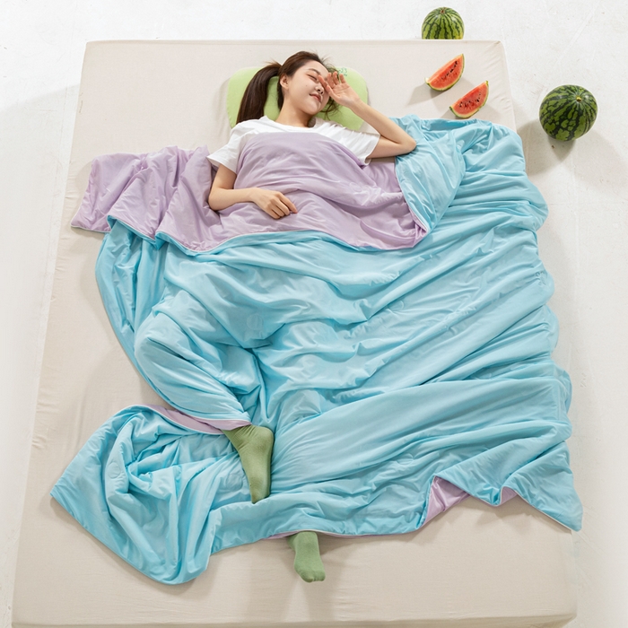 91家纺网 家纺一手货源 找家纺 帕芬鸟家纺 2026新款凉感丝夏被高支高密凉感丝夏被排湿透气凉感丝西瓜夏被 冰淇淋-紫配蓝