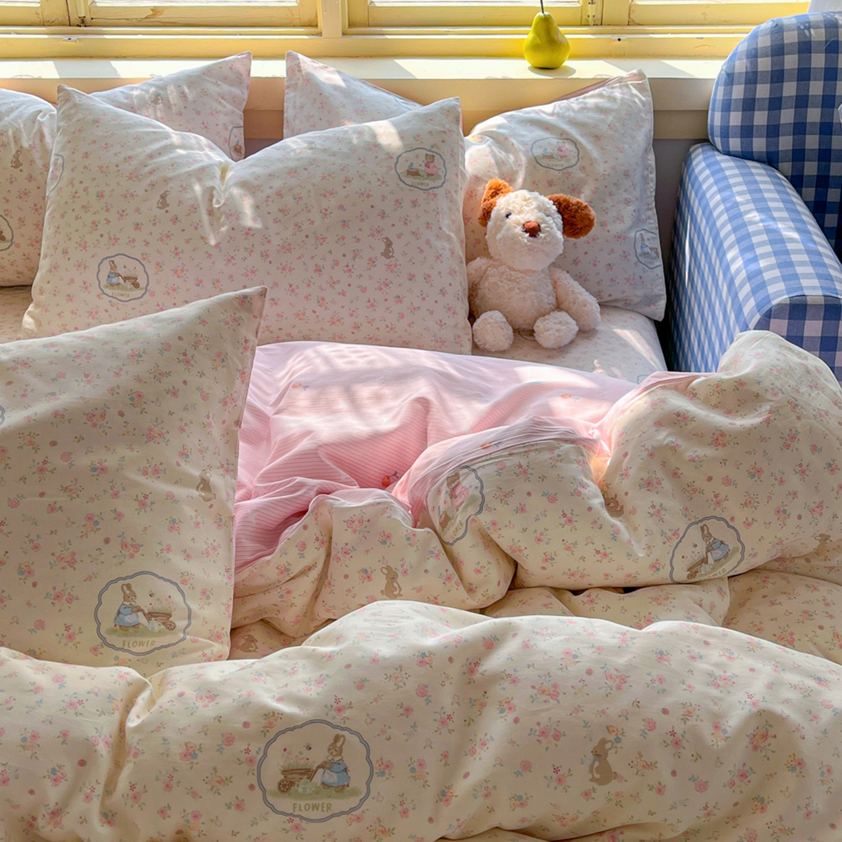 91家纺网 家纺一手货源 找家纺 简约家纺 2026新款全棉斜纹12868四件套单床单系列 粉色花园兔-粉