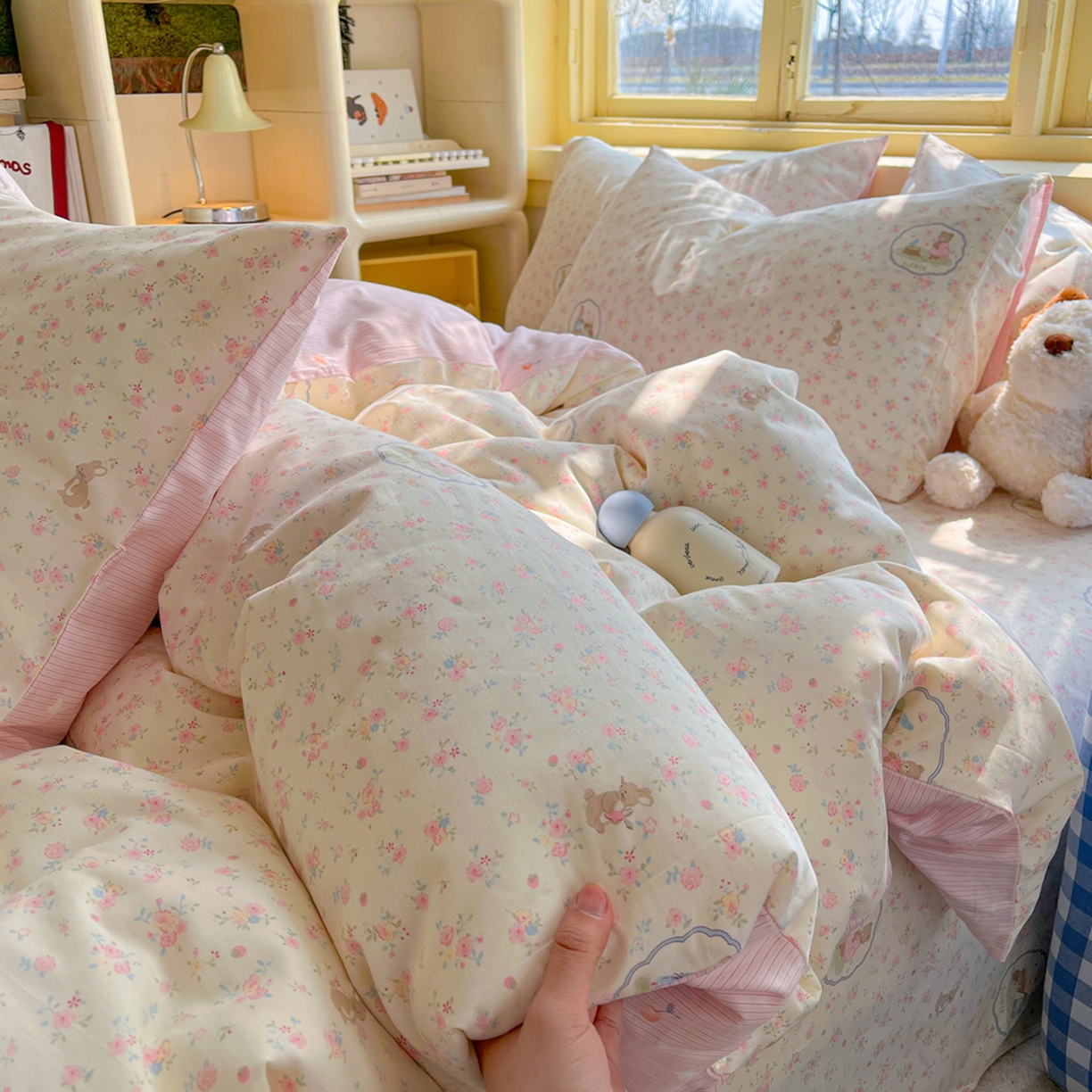 91家纺网 家纺一手货源 找家纺 简约家纺 2026新款全棉斜纹12868四件套单床单系列 粉色花园兔-粉