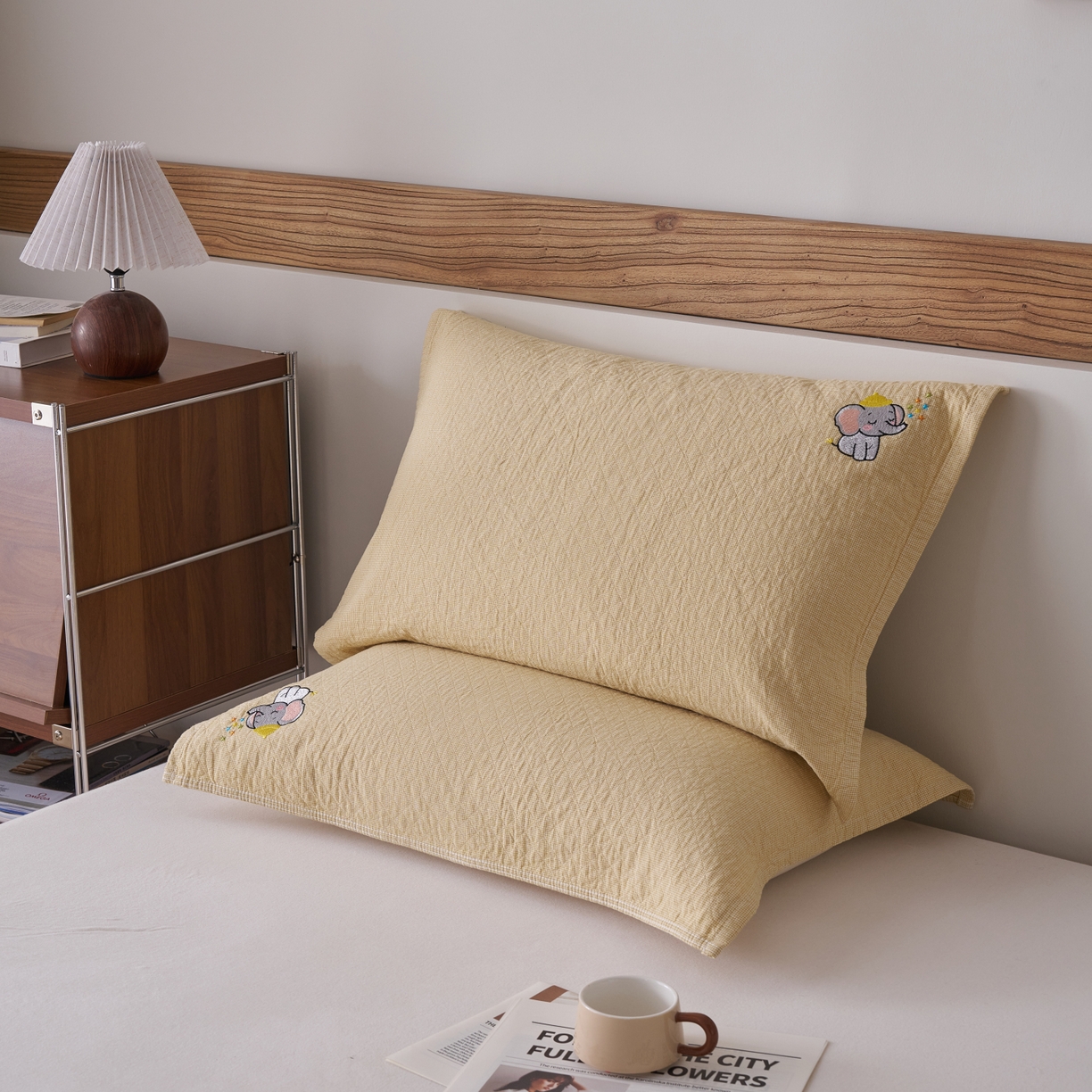 91家纺网 家纺一手货源 找家纺 百寐 2026年3月全棉吸汗卡通刺绣吸汗纯棉枕巾简约机洗 可爱小象-黄
