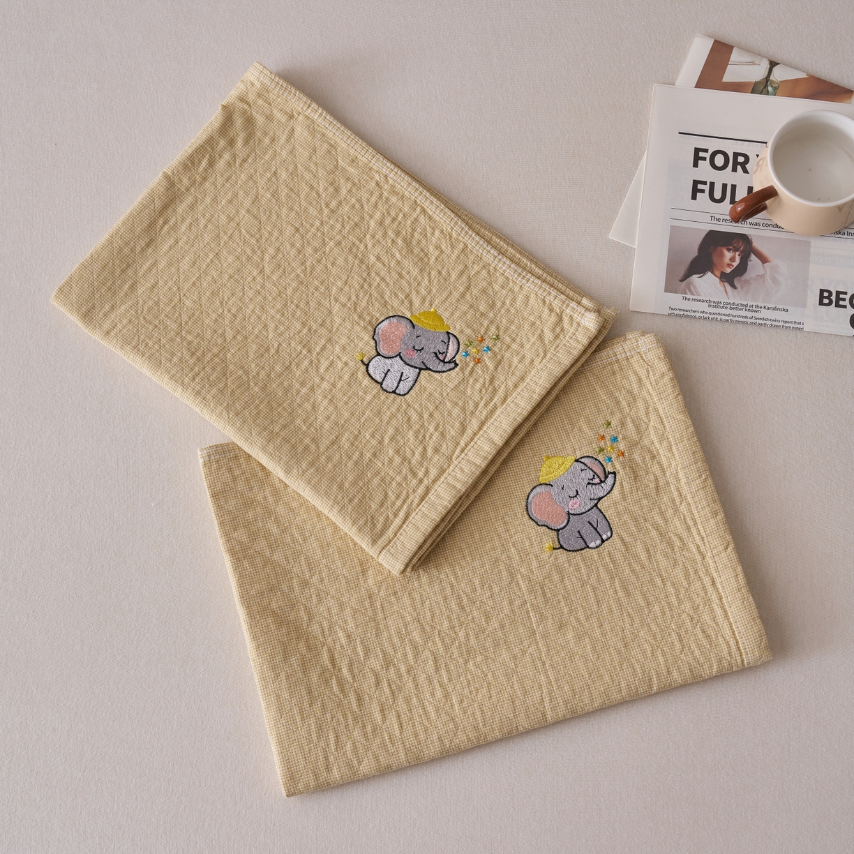 91家纺网 家纺一手货源 找家纺 百寐 2026年3月全棉吸汗卡通刺绣吸汗纯棉枕巾简约机洗 可爱小象-黄