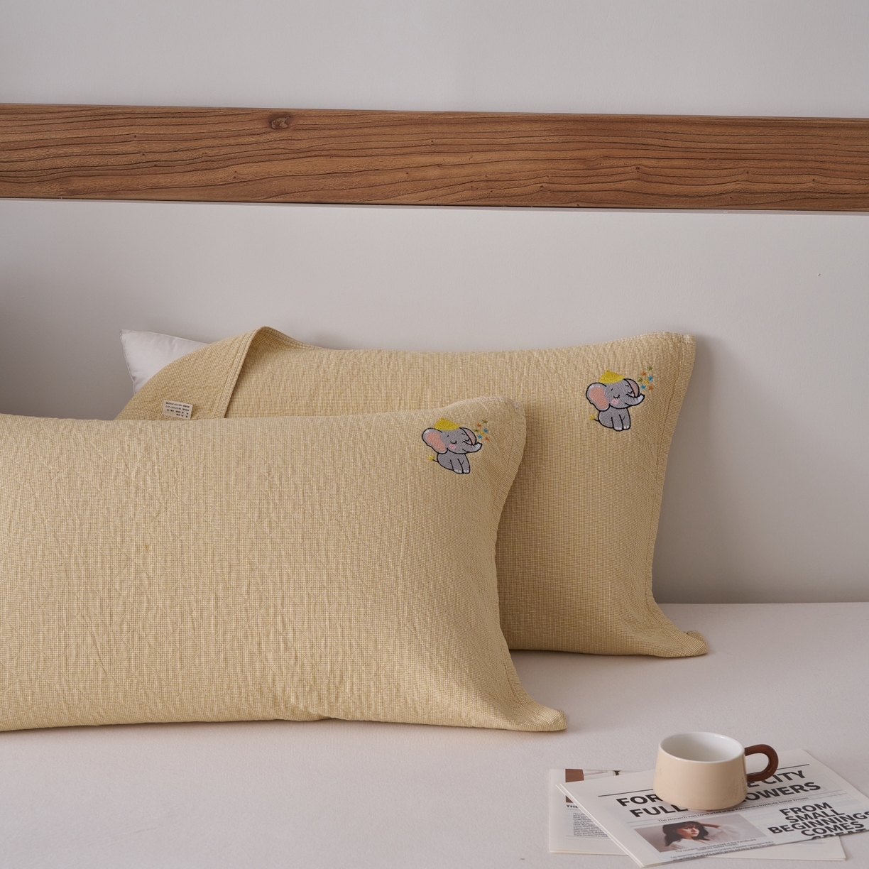 91家纺网 家纺一手货源 找家纺 百寐 2026年3月全棉吸汗卡通刺绣吸汗纯棉枕巾简约机洗 可爱小象-黄