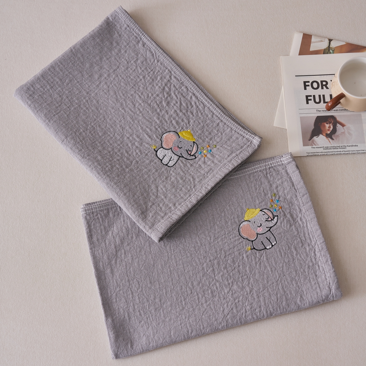 91家纺网 家纺一手货源 找家纺 百寐 2026年3月全棉吸汗卡通刺绣吸汗纯棉枕巾简约机洗 可爱小象-灰