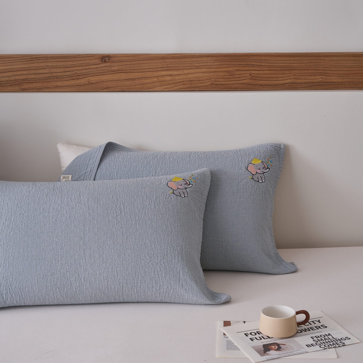 91家纺网 家纺一手货源 找家纺 百寐 2026年3月全棉吸汗卡通刺绣吸汗纯棉枕巾简约机洗 可爱小象-蓝