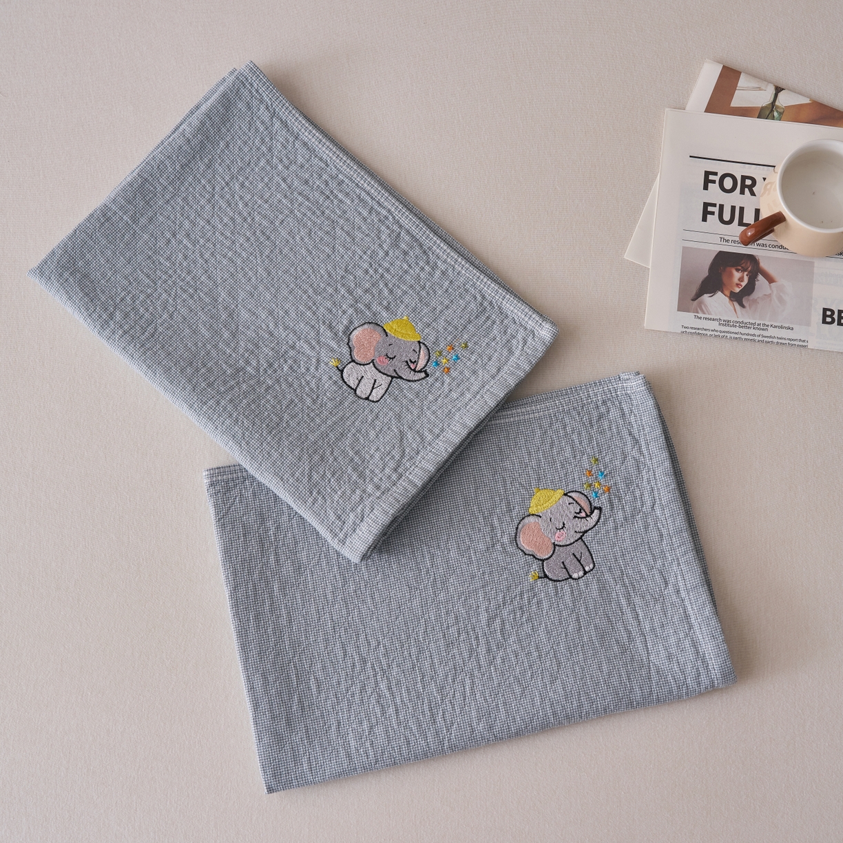 91家纺网 家纺一手货源 找家纺 百寐 2026年3月全棉吸汗卡通刺绣吸汗纯棉枕巾简约机洗 可爱小象-蓝