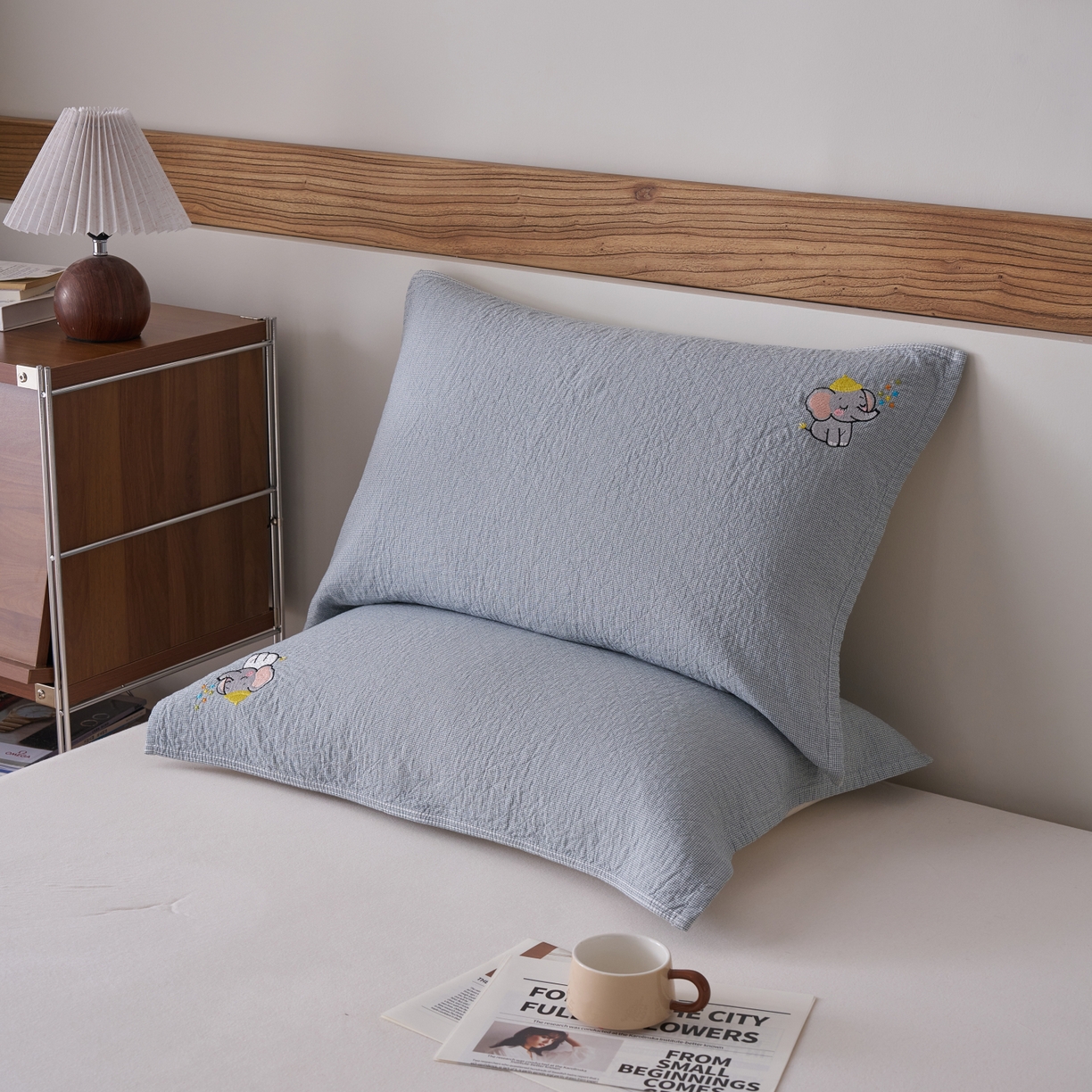 91家纺网 家纺一手货源 找家纺 百寐 2026年3月全棉吸汗卡通刺绣吸汗纯棉枕巾简约机洗 可爱小象-蓝