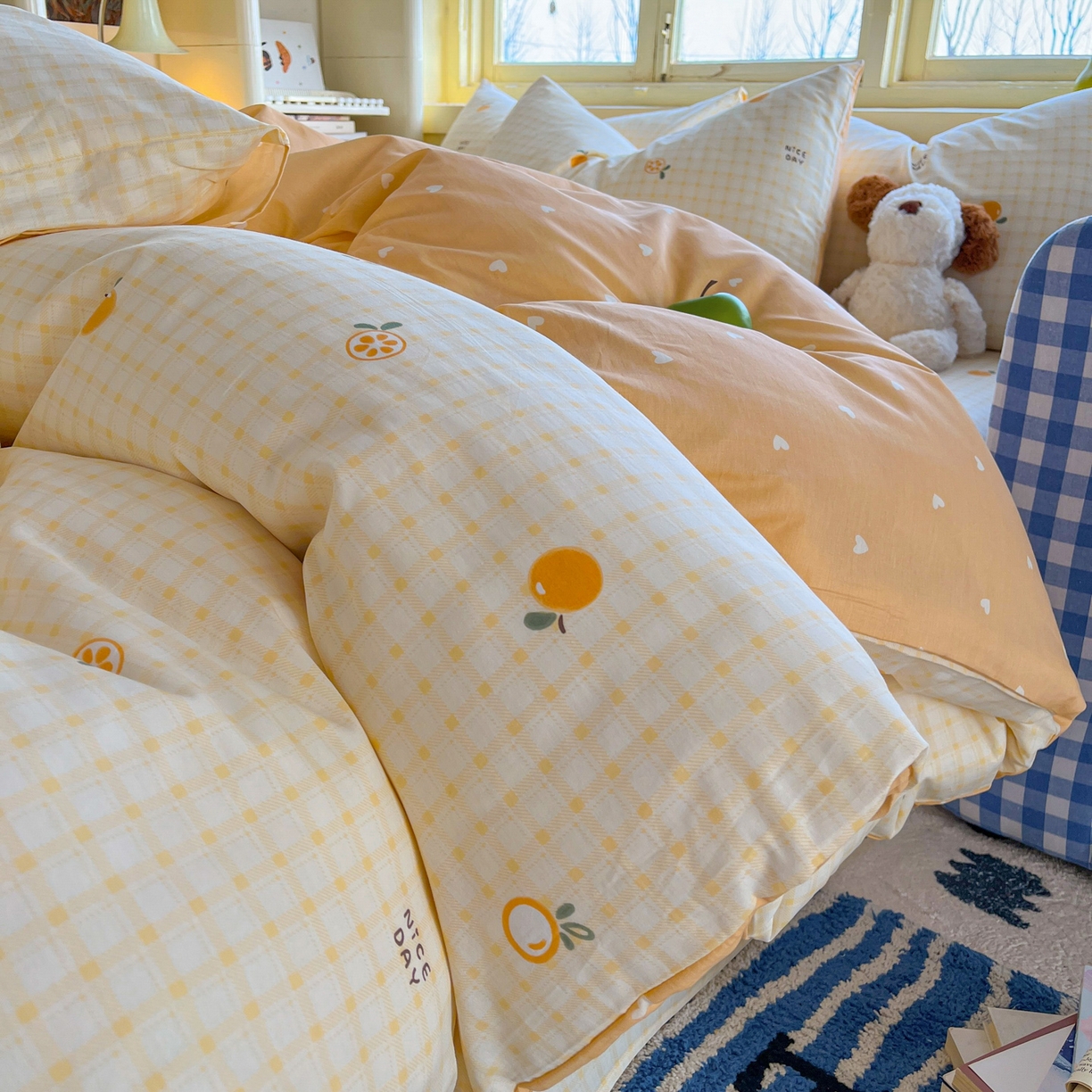 91家纺网 家纺一手货源 找家纺 简约家纺 2026新款全棉斜纹12868四件套单床单系列 橘子格