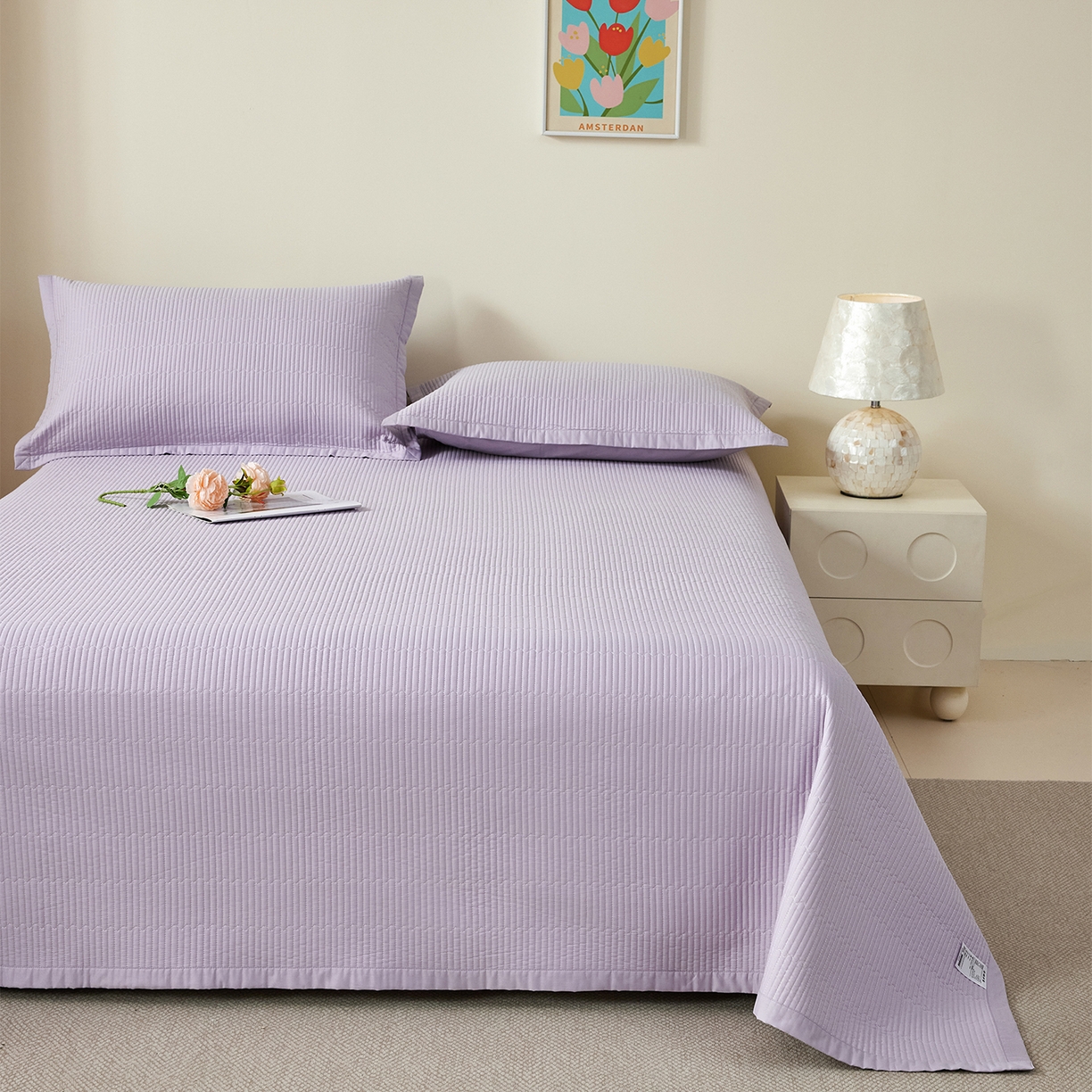 91家纺网 家纺一手货源 找家纺 元元家居（元元被业） 2026新款全棉纯棉13372系列床盖单件床盖单品单床盖-纯色款 罗兰紫