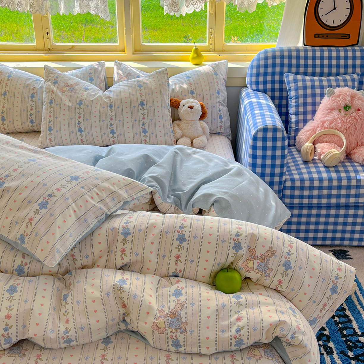 91家纺网 家纺一手货源 找家纺 简约家纺 2026新款全棉斜纹12868四件套单床单系列 蓝茵小兔