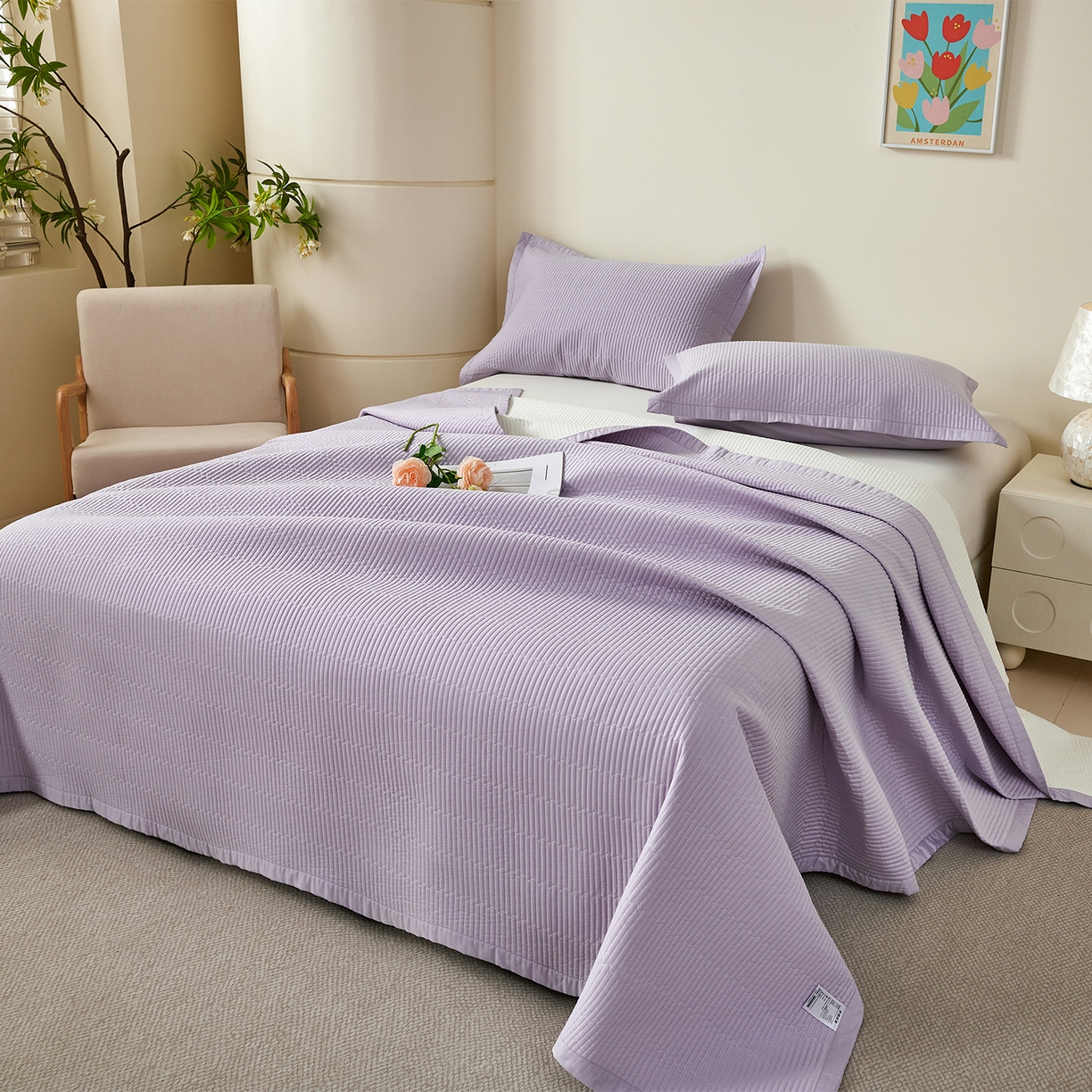 91家纺网 家纺一手货源 找家纺 元元家居（元元被业） 2026新款全棉纯棉13372系列床盖单件床盖单品单床盖-纯色款 罗兰紫