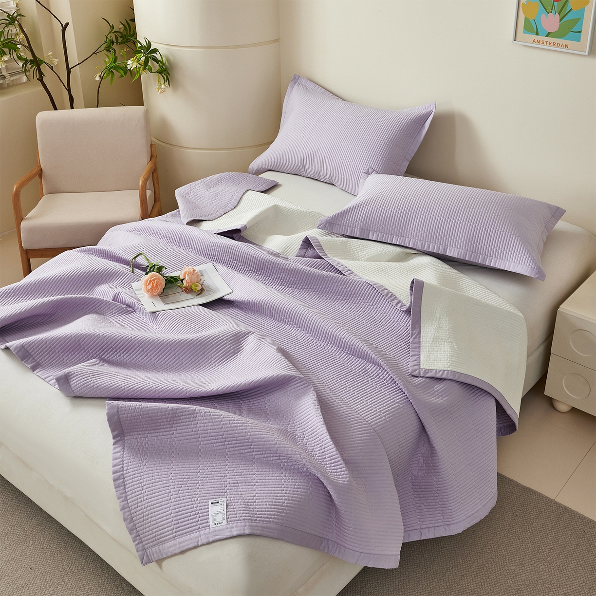 91家纺网 家纺一手货源 找家纺 元元家居（元元被业） 2026新款全棉纯棉13372系列床盖单件床盖单品单床盖-纯色款 罗兰紫