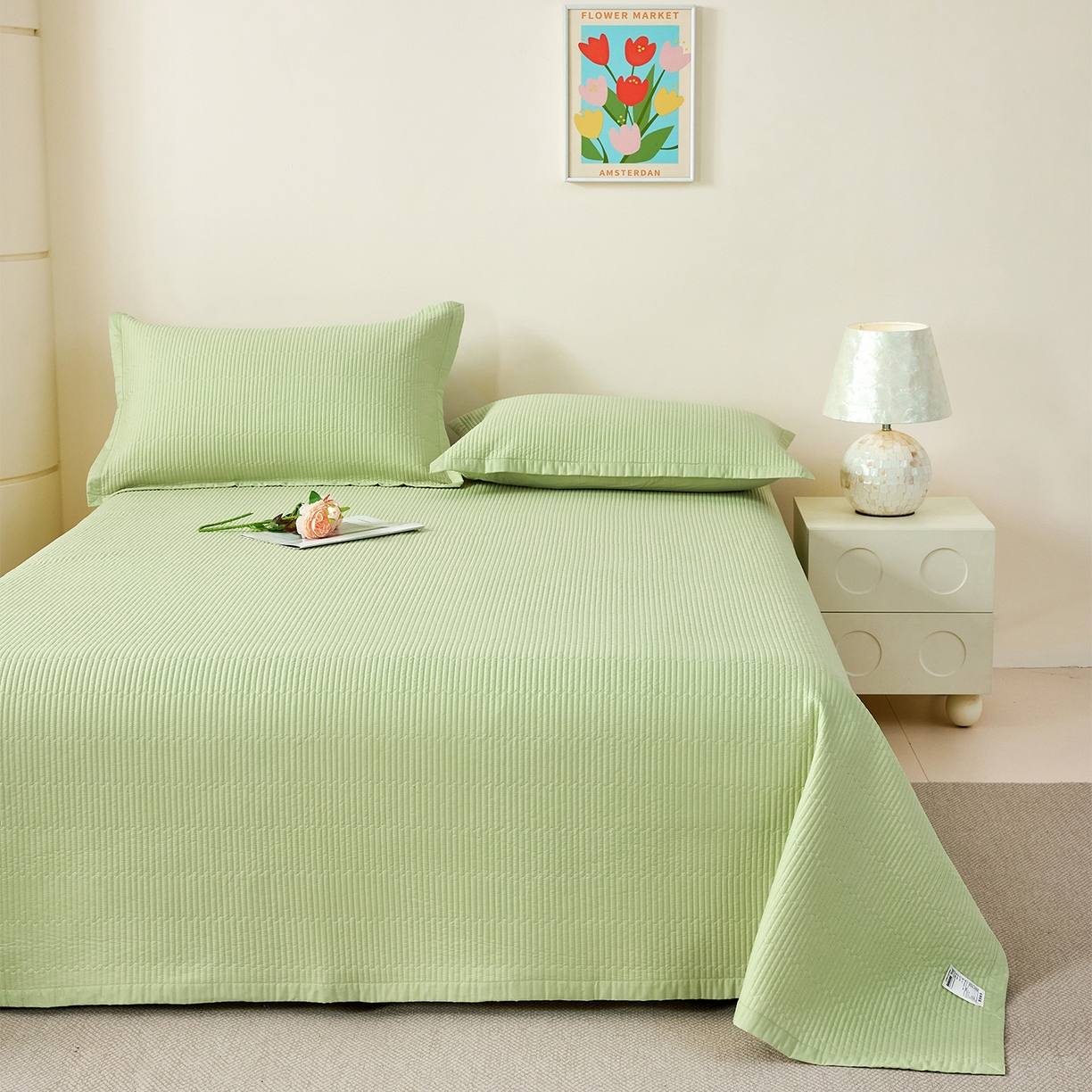 91家纺网 家纺一手货源 找家纺 元元家居（元元被业） 2026新款全棉纯棉13372系列床盖单件床盖单品单床盖-纯色款 麦田绿