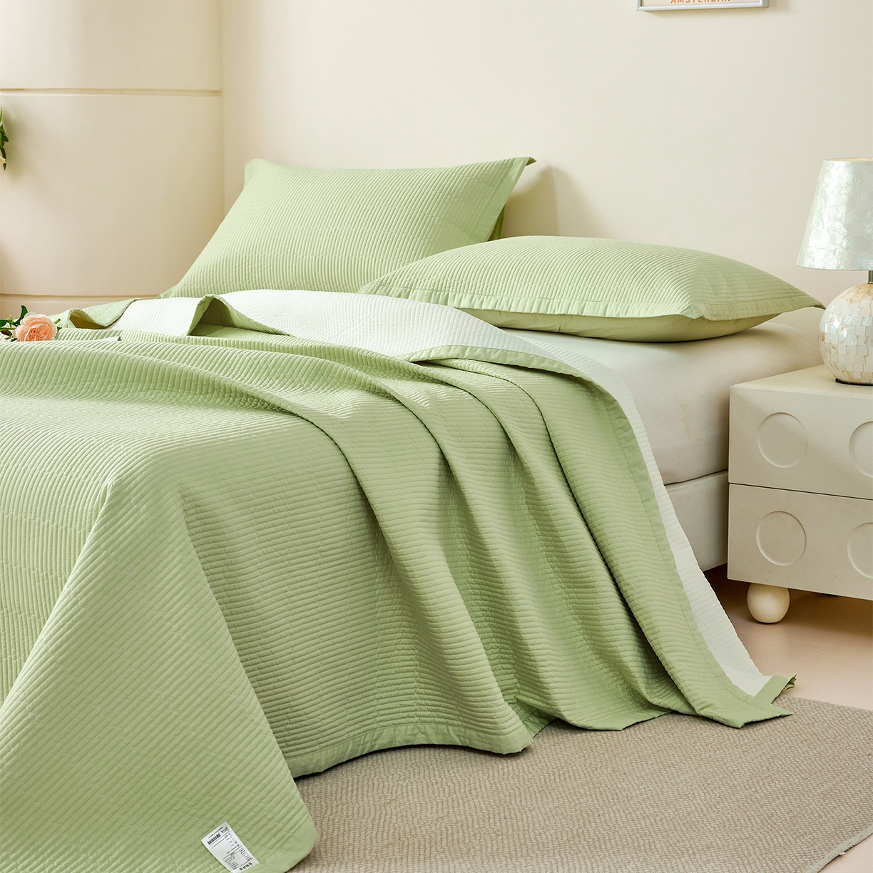 91家纺网 家纺一手货源 找家纺 元元家居（元元被业） 2026新款全棉纯棉13372系列床盖单件床盖单品单床盖-纯色款 麦田绿